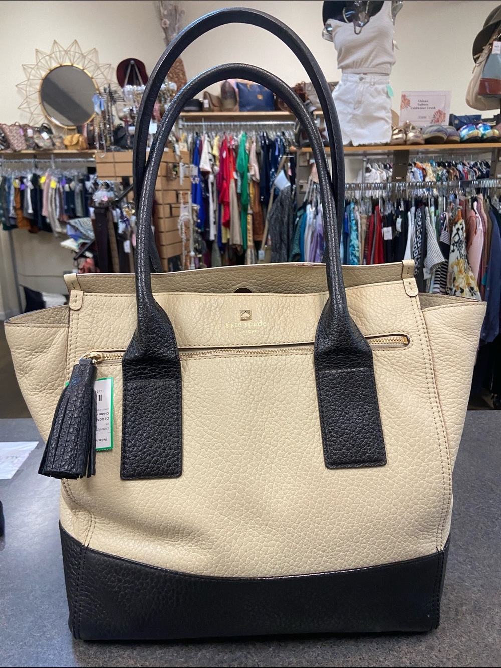 kate spade Two-Tone Pebble Leather Tote in Cream and Black